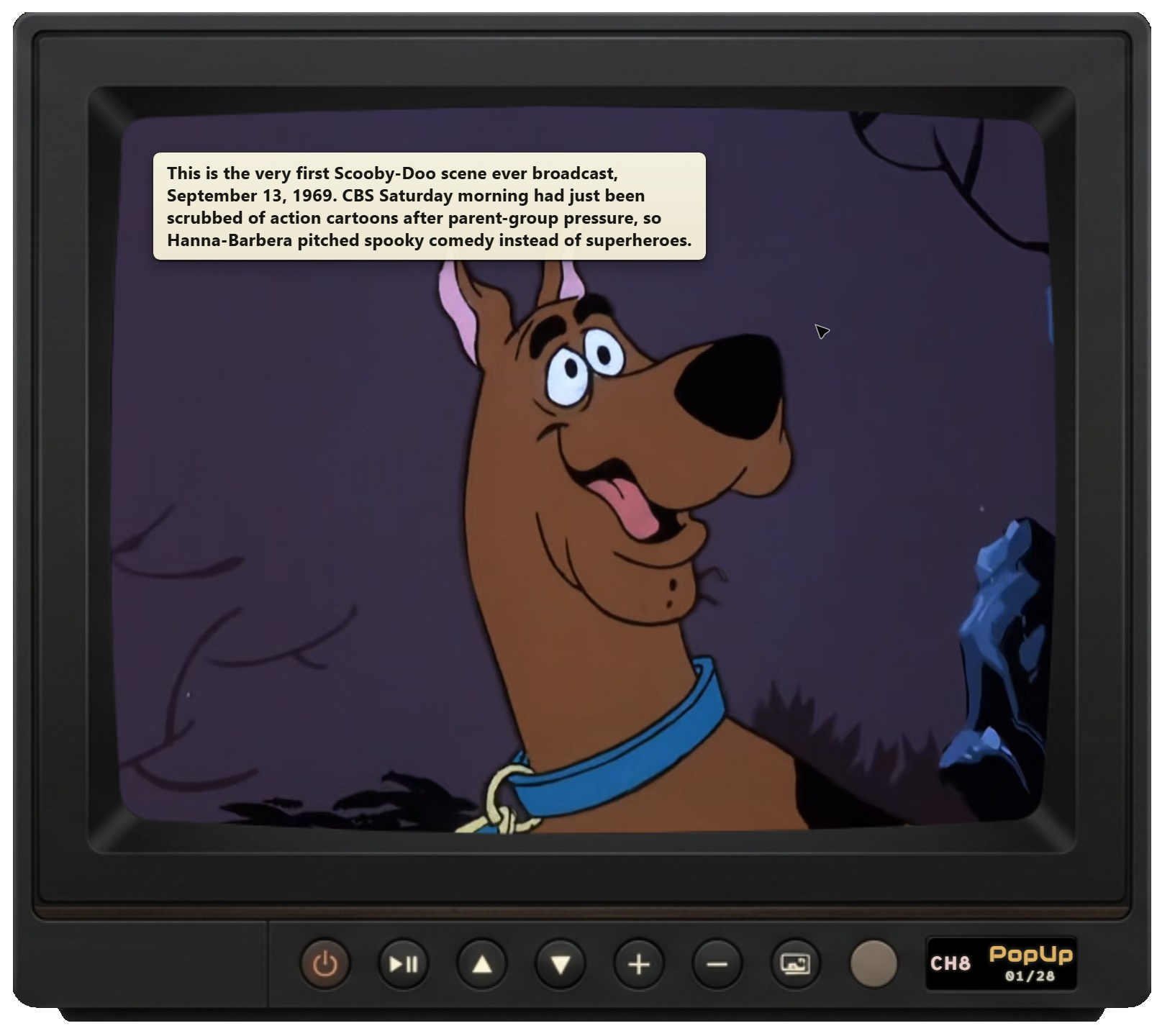 Black Compact PopUp Tube cabinet showing Scooby-Doo with a timed PopUp card.
