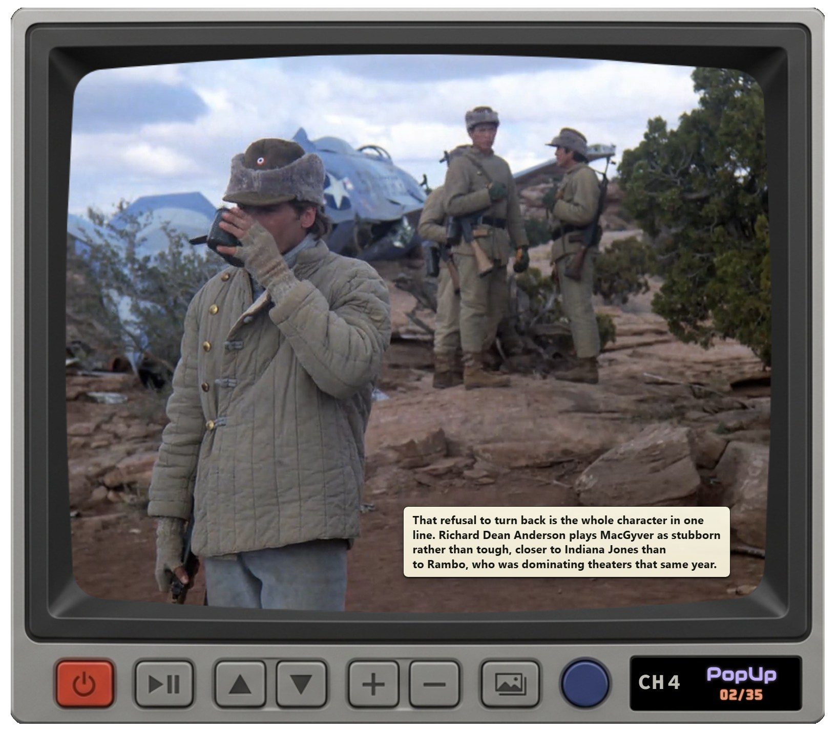 Metal PopUp Tube cabinet showing MacGyver with a timed PopUp card.