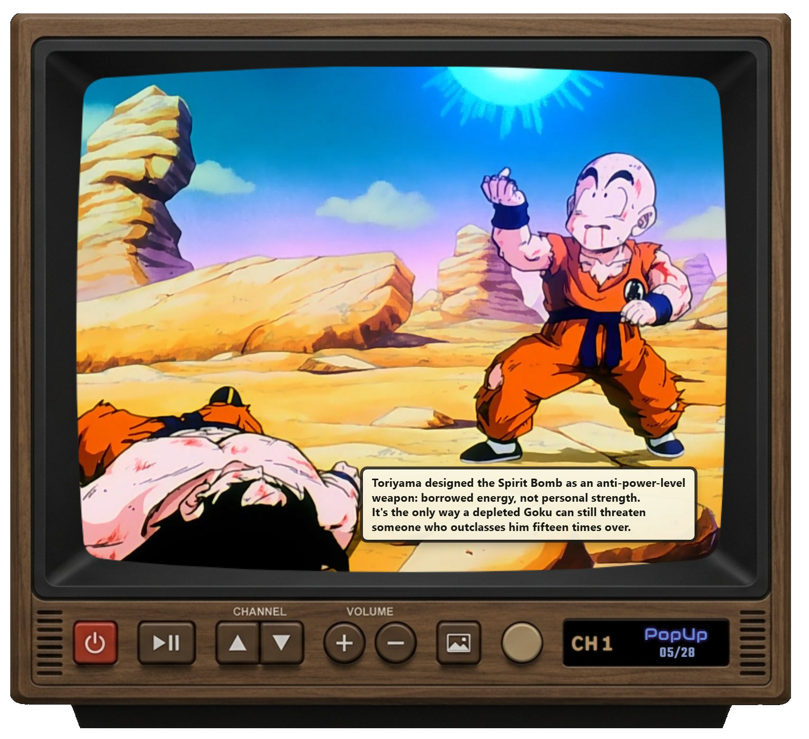 Walnut PopUp Tube cabinet showing Dragon Ball Z with a timed PopUp card.