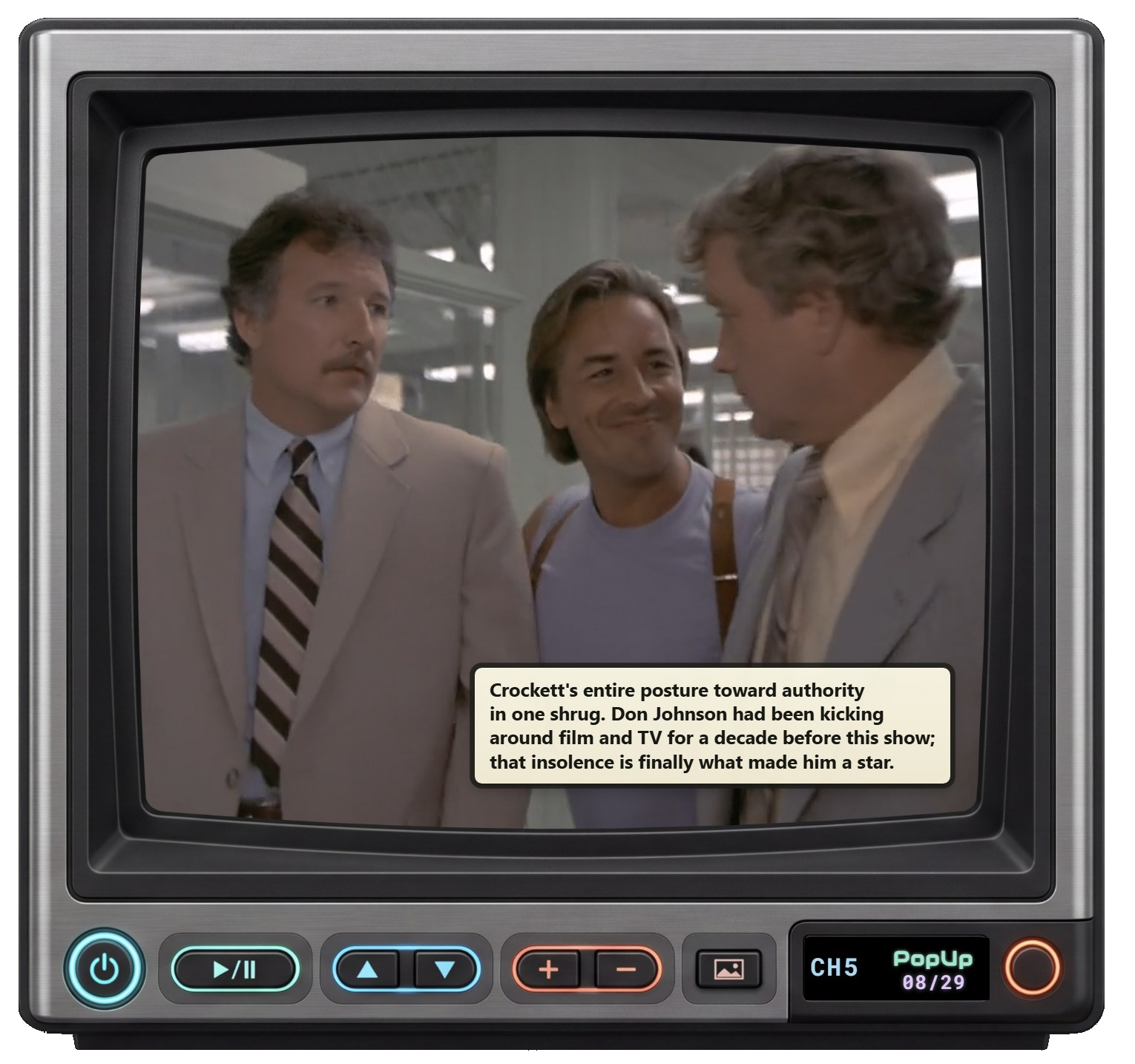 Cyber PopUp Tube cabinet showing Miami Vice with a timed PopUp card.